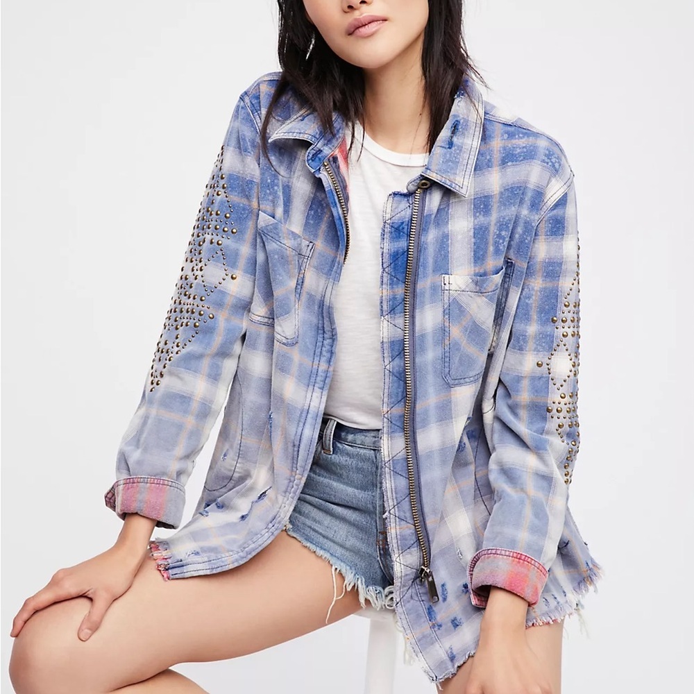 Free People Deconstructed Studded Distressed Cotton Shirt Jacket